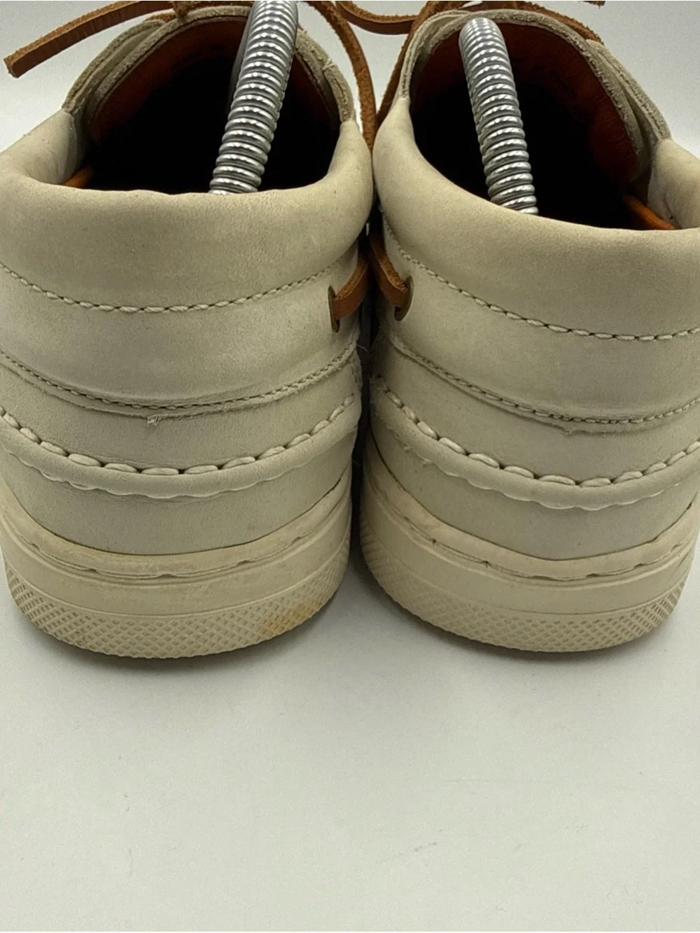 Men's Leather Boat Shoes in Light Cream with Brown Laces